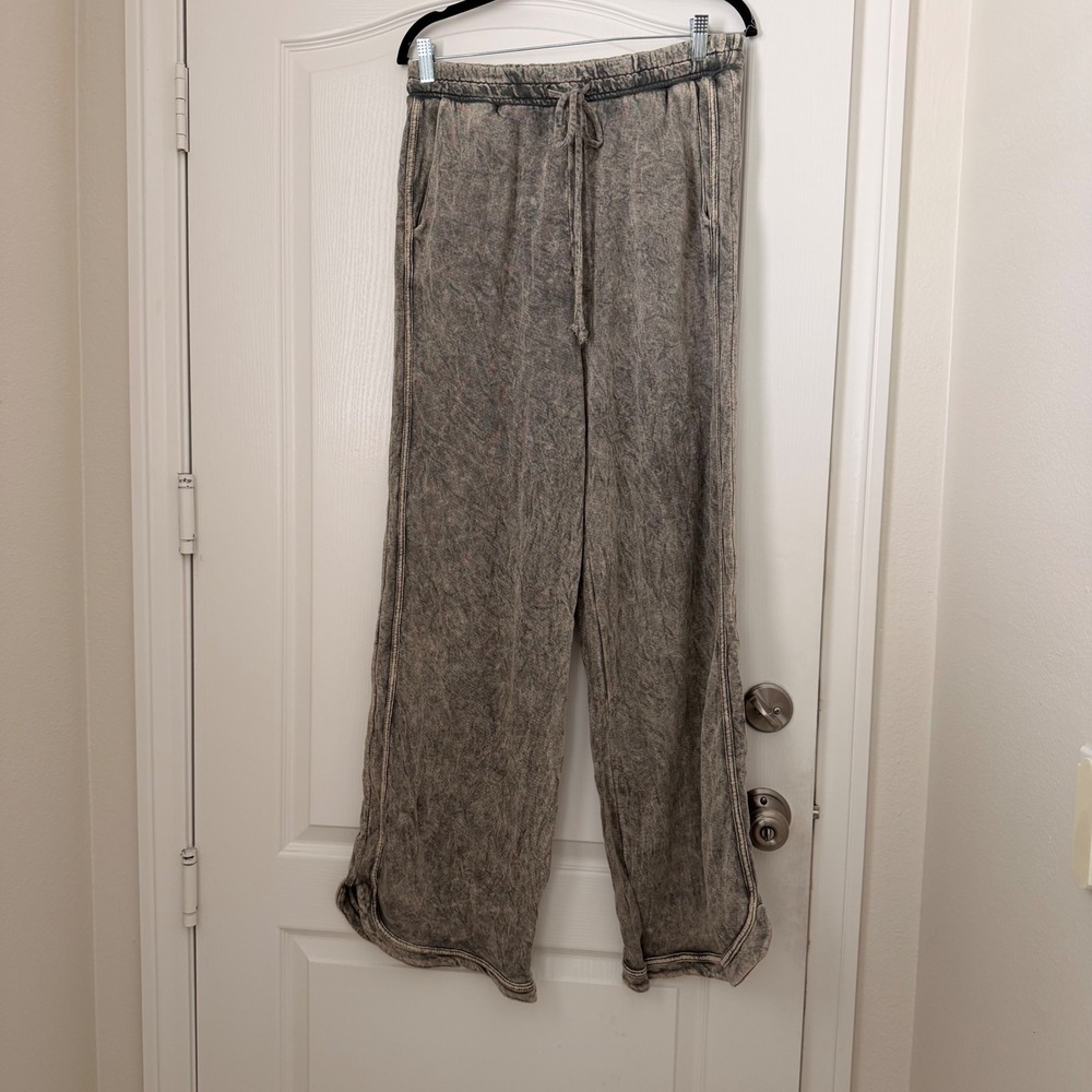 245.New Easel Mocha Gray Washed Wide Leg Pants Cotton French Terry Lounge Jogger - Picture 3 of 7